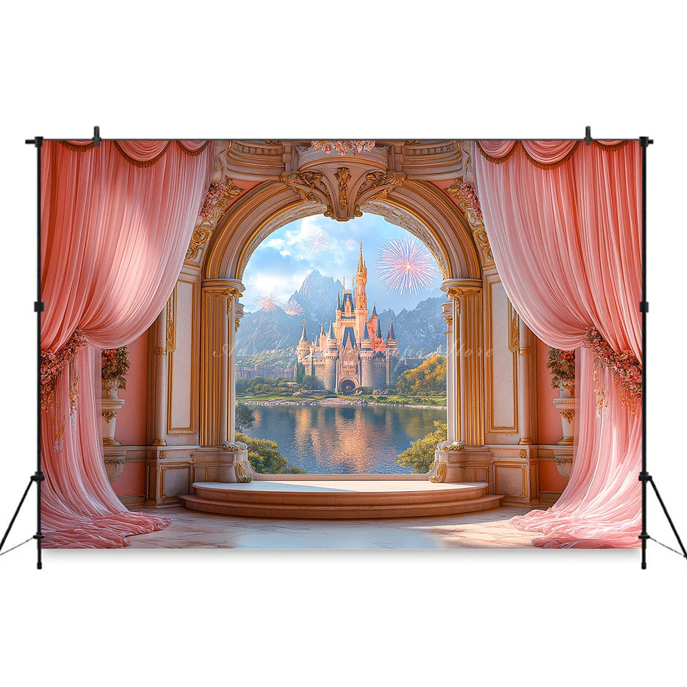 Pink Curtains with the Scene Backdrop Cartoon Princess Castle Child Girls Birthday Photo Shoot Backgrounds Kids Baby Cake Smash