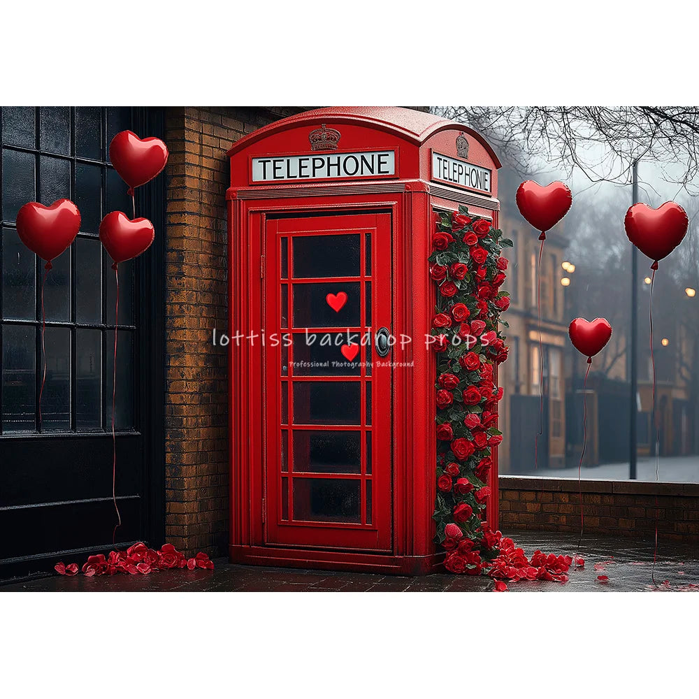 Valentine's Day Telephone Booth Backdrops Kids Lover Photography Streets Red Rose Balloons Decors Baby Valentine Backgrounds