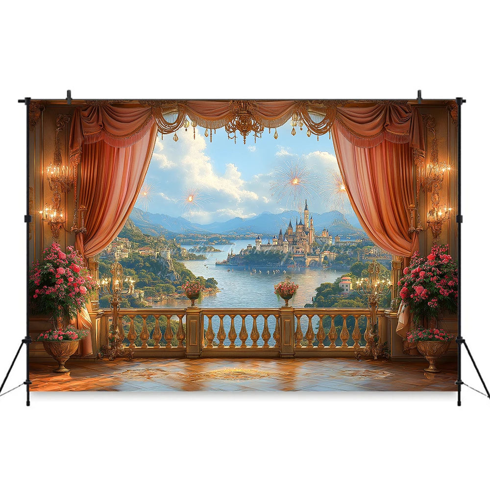 Pink Curtains with the Scene Backdrop Cartoon Princess Castle Child Girls Birthday Photo Shoot Backgrounds Kids Baby Cake Smash