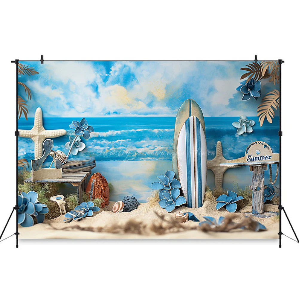 Summer Beach Surfboard Photography Backdrop Kids Baby Cake Smash Photocall Decors Seaside Blue Sky Child Adult Photo Backgrounds