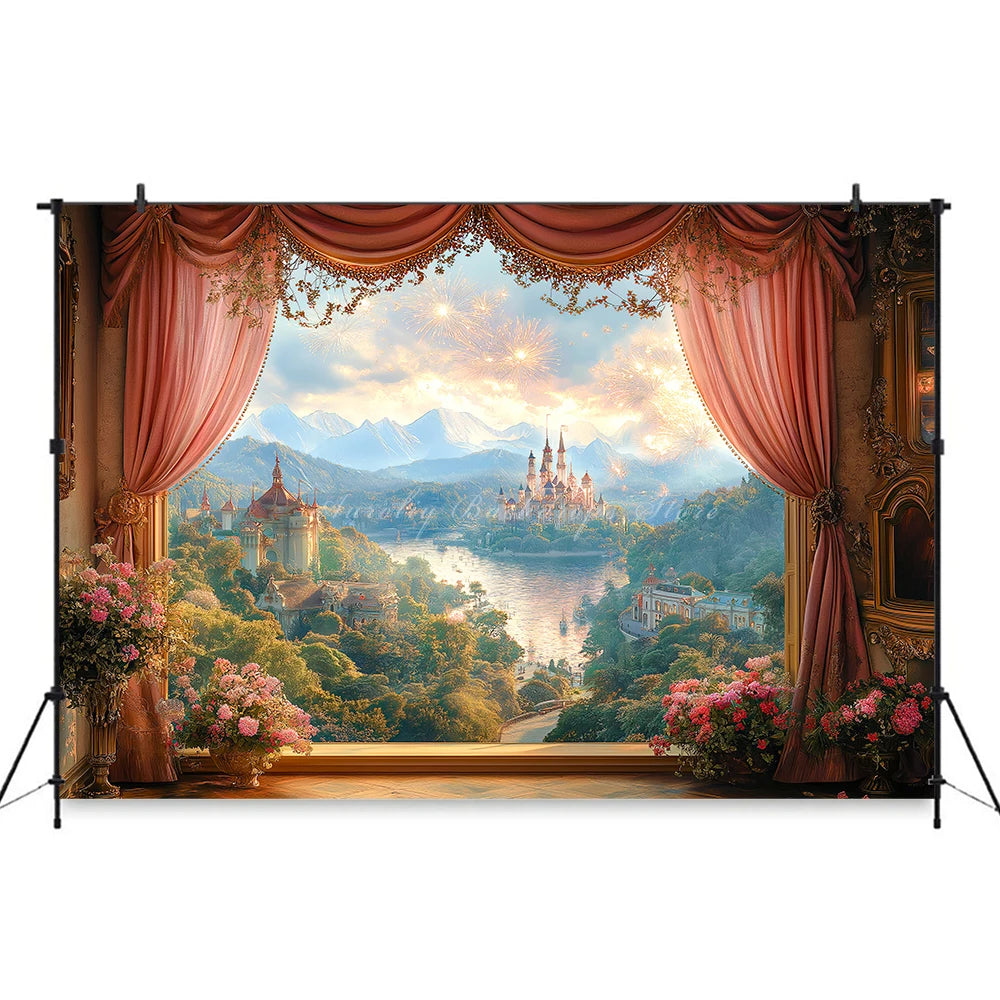 Pink Curtains with the Scene Backdrop Cartoon Princess Castle Child Girls Birthday Photo Shoot Backgrounds Kids Baby Cake Smash