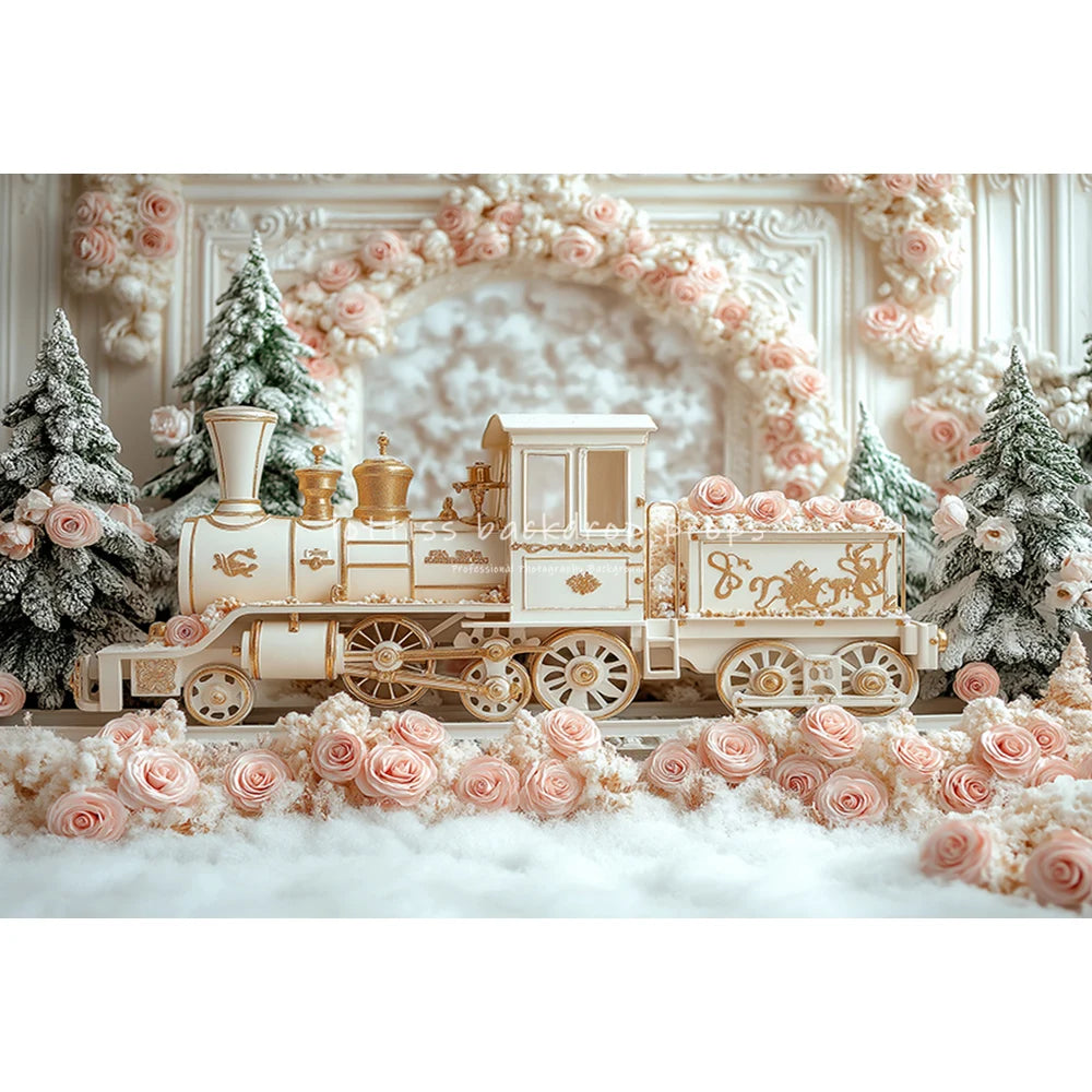 Winter Carousel Snowy Forrest Ferris Wheel Backdrops Kids Baby Photocall Christmas Trees Trains Backgrounds