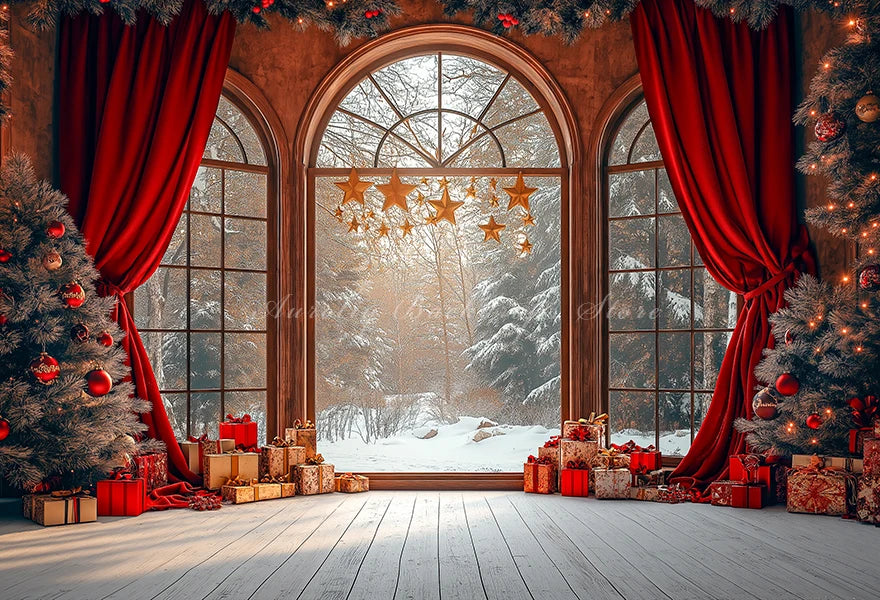 Large Window With Arched Frames and Red Curtain Photography Backdrop Baby Kids Portrait Family Party Photocall Decors