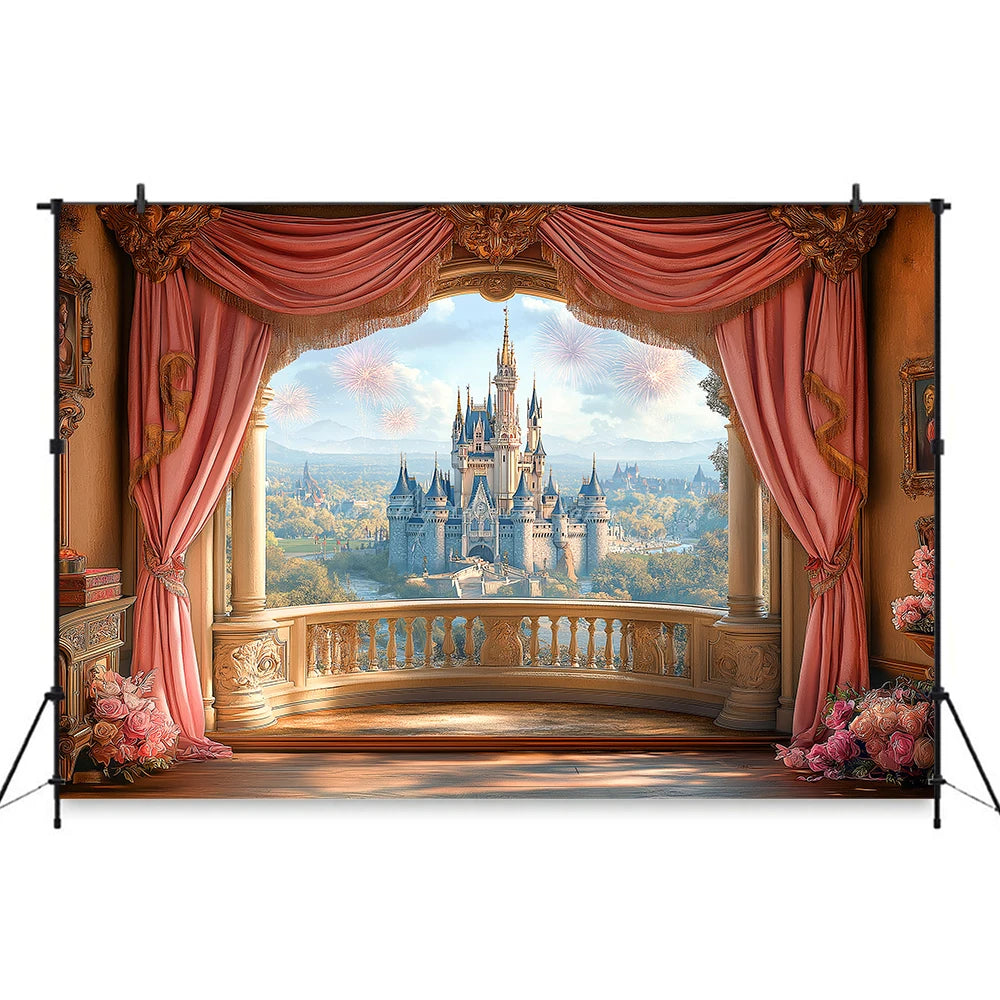 Pink Curtains with the Scene Backdrop Cartoon Princess Castle Child Girls Birthday Photo Shoot Backgrounds Kids Baby Cake Smash