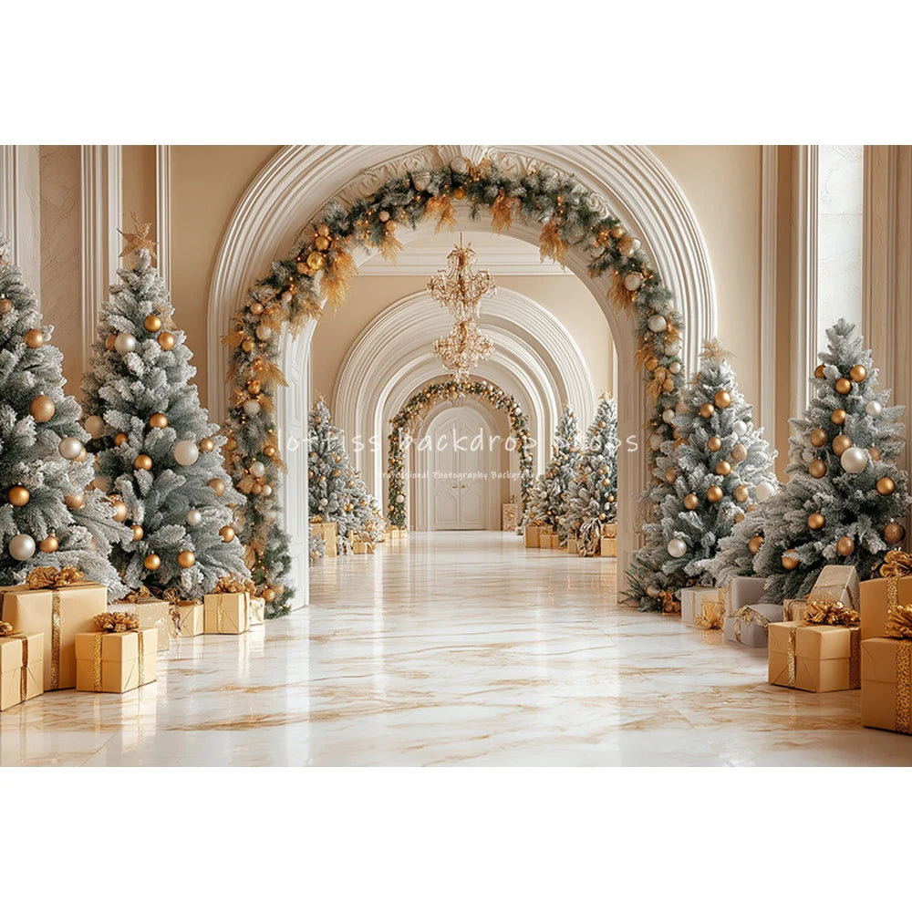 Winter Windows Arch Entrance Backdrops Kids Family Photography Child Adult Photocall Golden Xmas Trees Castle Backgrounds
