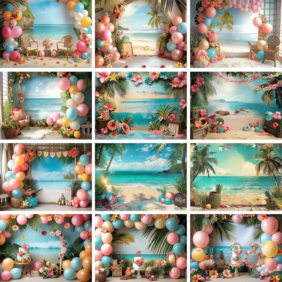 Hawaii Theme Photography Backdrop Room Set Up With Balloons and Plam Trees Kids Baby Cake Smash Photocall Studio Backgrounds