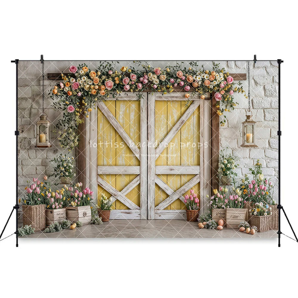 Easter Spring Barn Doors Backdrops Kids Adult Photography Wooden Barn Door Bunny Eggs Garden Entrance Floral Garden Backgrounds