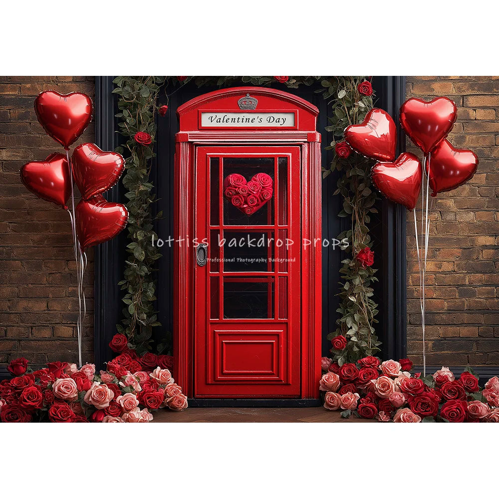 Valentine's Day Telephone Booth Backdrops Kids Lover Photography Streets Red Rose Balloons Decors Baby Valentine Backgrounds