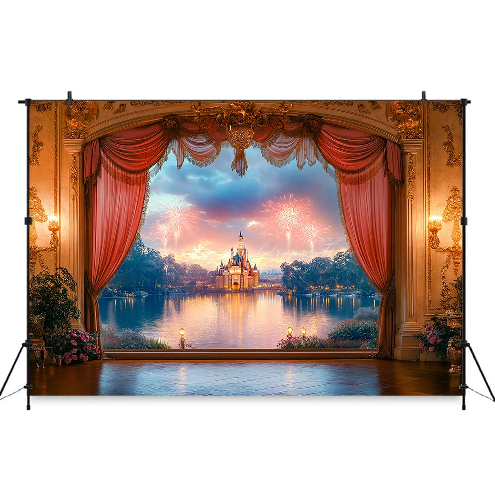Pink Curtains with the Scene Backdrop Cartoon Princess Castle Child Girls Birthday Photo Shoot Backgrounds Kids Baby Cake Smash
