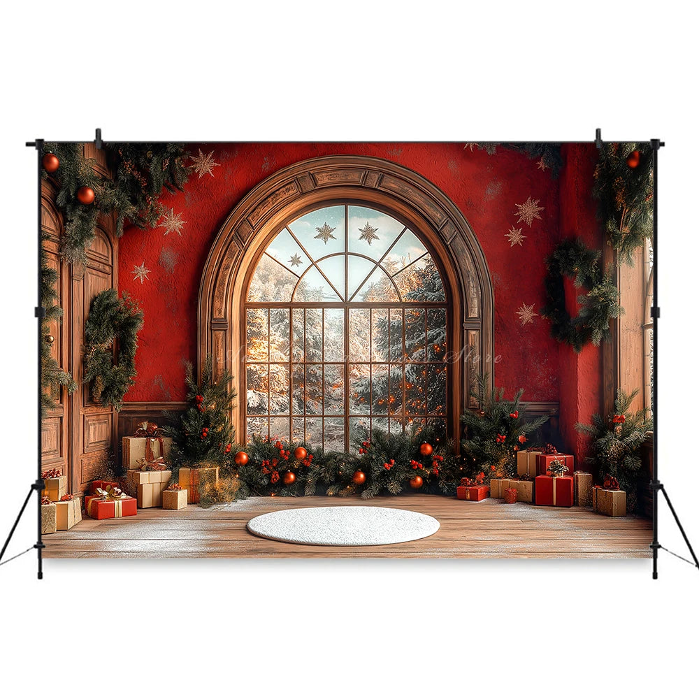 Large Window With Arched Frames and Red Curtain Photography Backdrop Baby Kids Portrait Family Party Photocall Decors