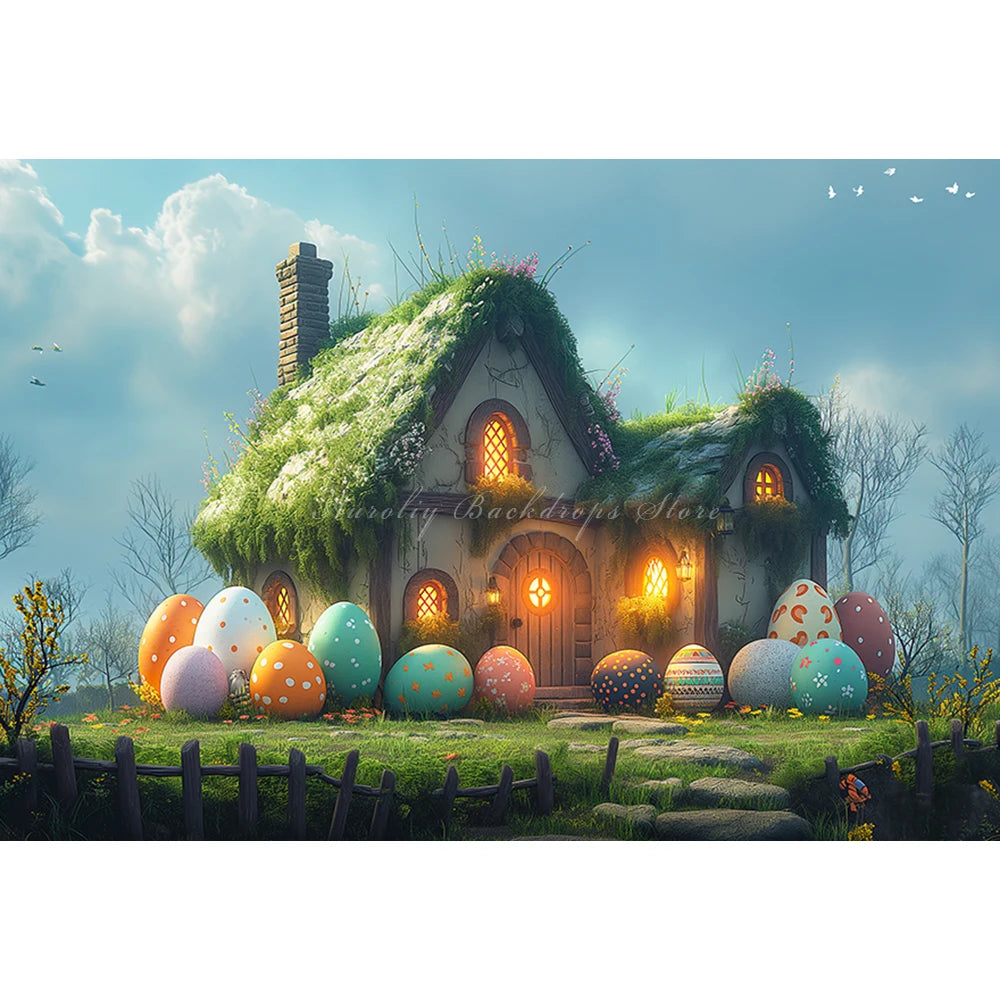 Easter House and Eggs Backdrop Kids Baby Cake Smash Photography Props Child Girls Adult Photo Studio Backgrounds