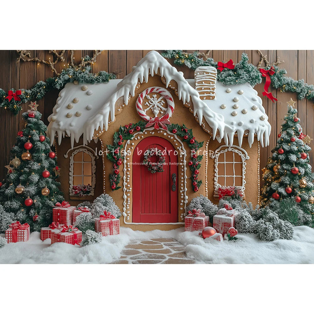 Christmas Gingerbread House Backdrops Kids Family Photography Child Baby Photocall Decors Snowflake Forest Cottage Backgrounds