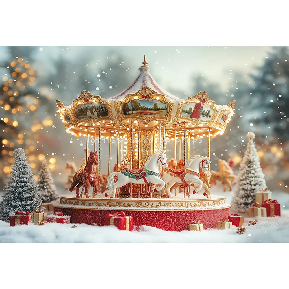 Winter Carousel Snowy Forrest Ferris Wheel Backdrops Kids Baby Photocall Christmas Trees Trains Backgrounds