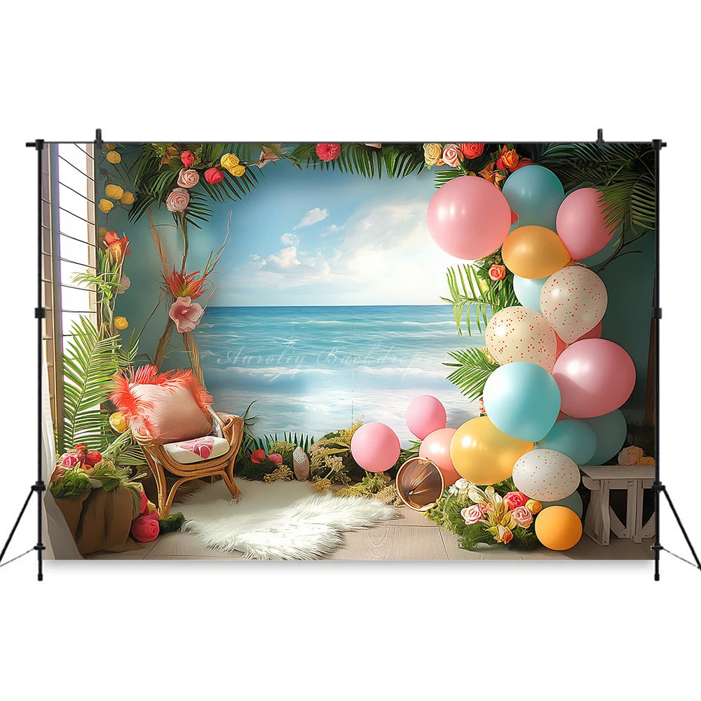 Hawaii Theme Photography Backdrop Room Set Up With Balloons and Plam Trees Kids Baby Cake Smash Photocall Studio Backgrounds