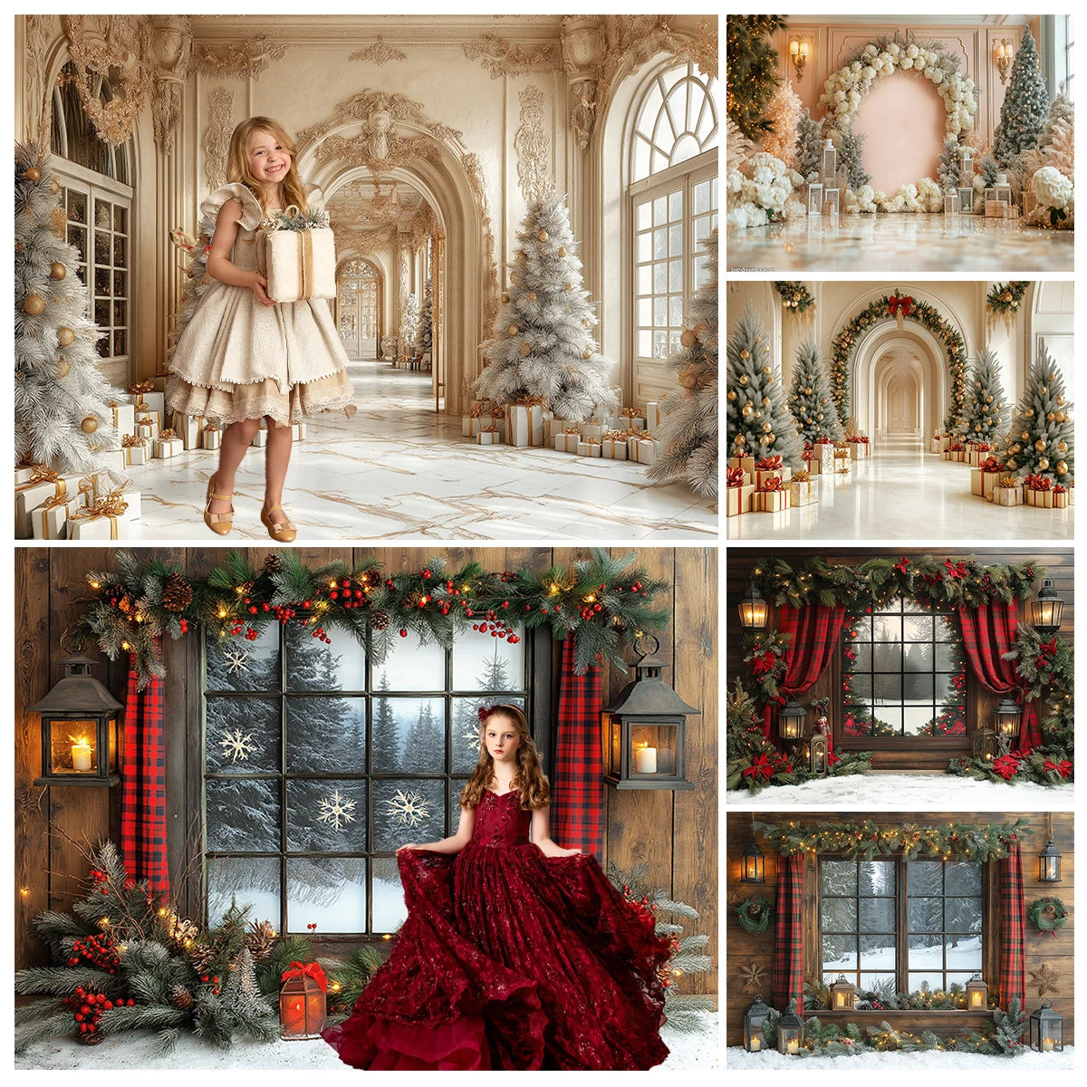 Winter Windows Arch Entrance Backdrops Kids Family Photography Child Adult Photocall  Golden Xmas Trees Castle Backgrounds