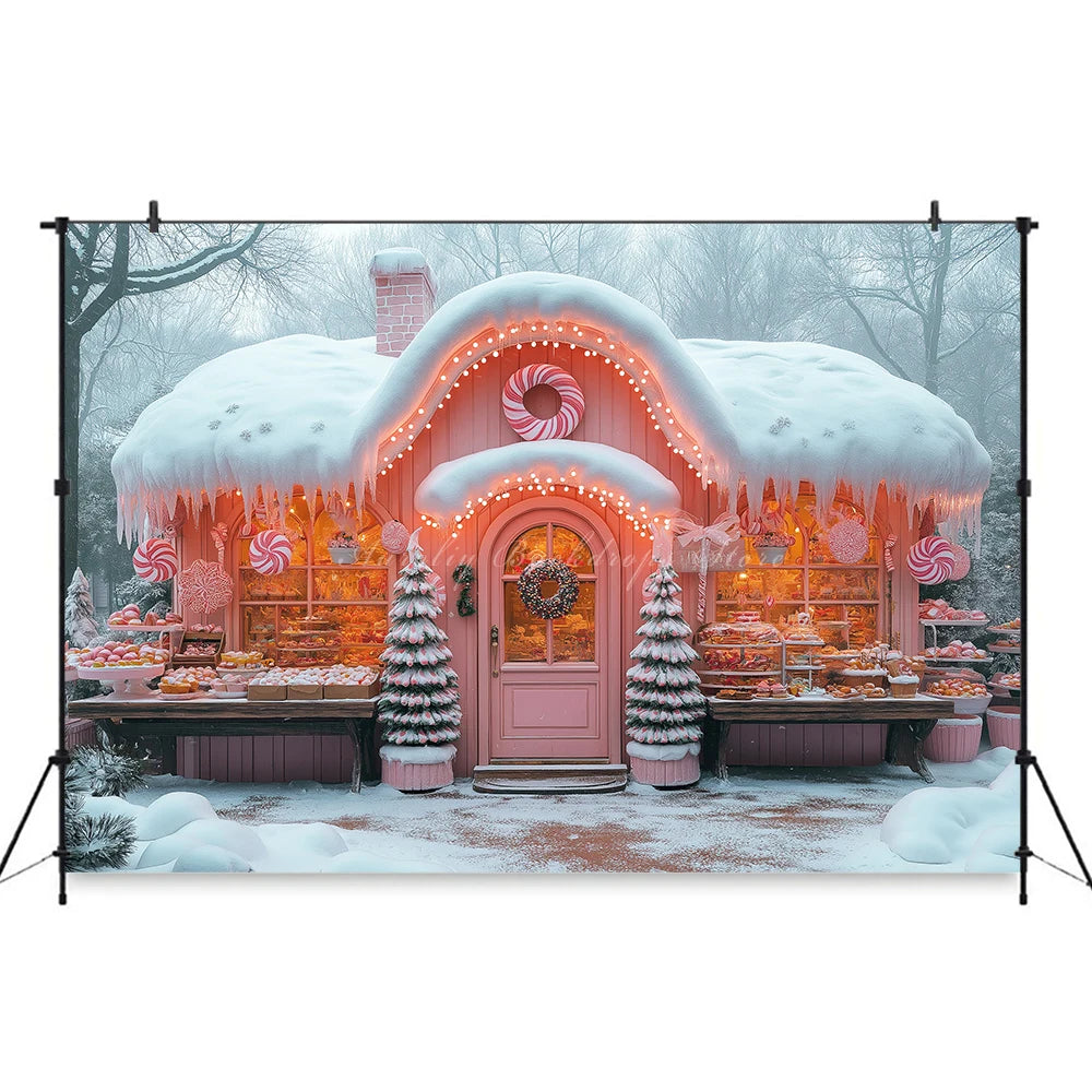 Cute Candy Store Decorated With Pastel Colors Photo Backdrop Vintage Trailer With Christmas Tree Kids Baby Cake Smash Background