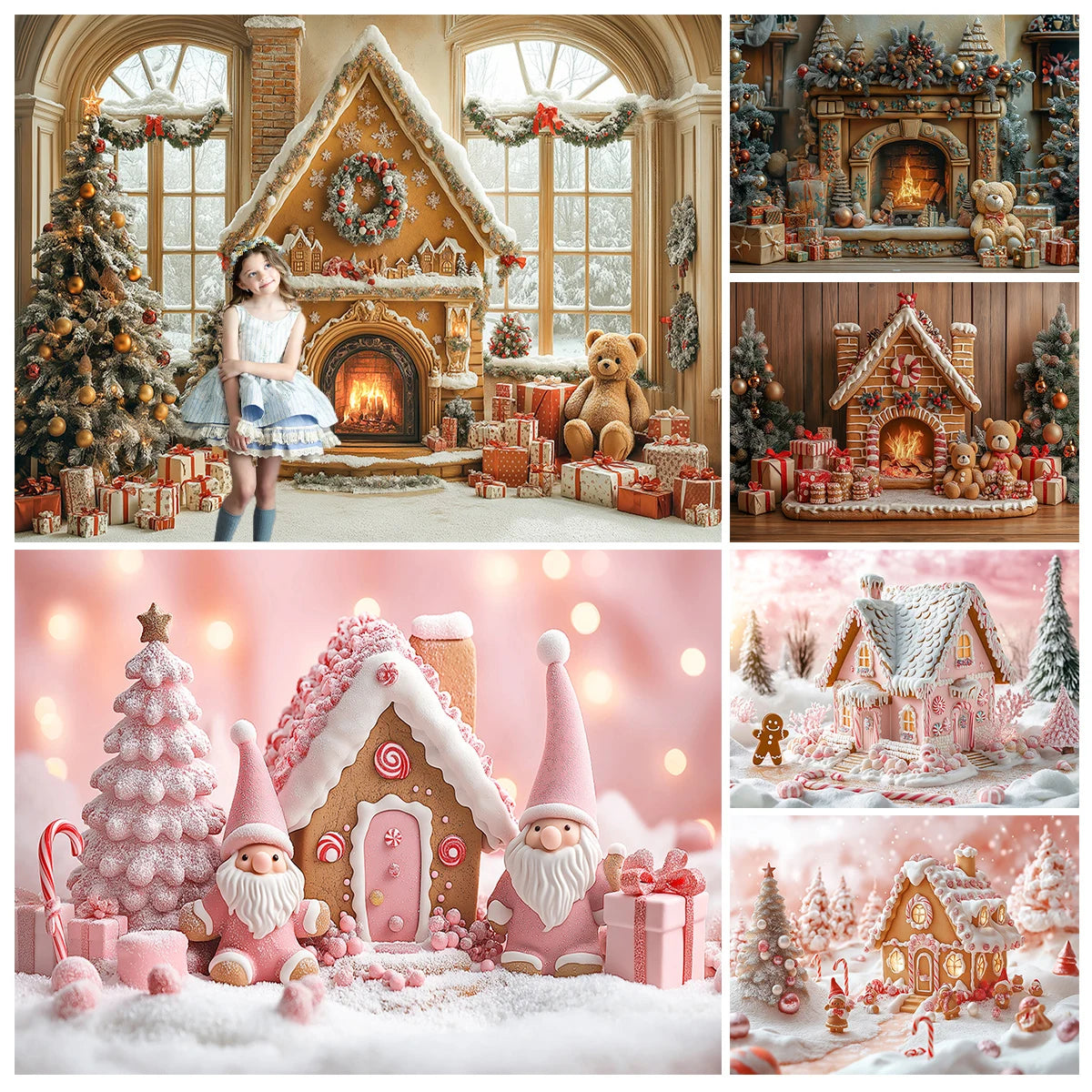 Winter Snowy Cottage Gingerbread House Backdrops Kids Baby Photography Fireplace Snowy Town Backgrounds
