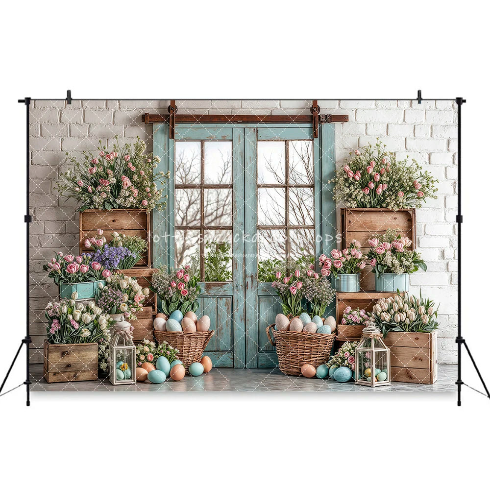 Easter Spring Barn Doors Backdrops Kids Adult Photography Wooden Barn Door Bunny Eggs Garden Entrance Floral Garden Backgrounds