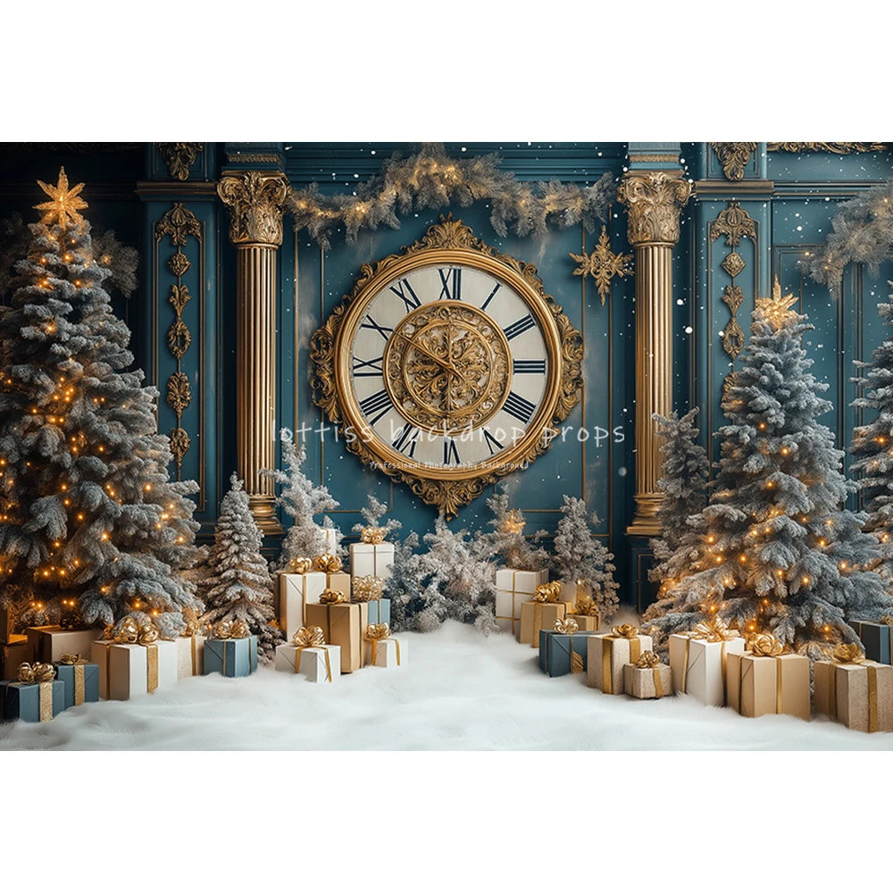 New Year Bell Big Clock Backdrops Kids Adult Photography Child Baby Photocall Winter Snowy Castle Christmas Trees Backgrounds