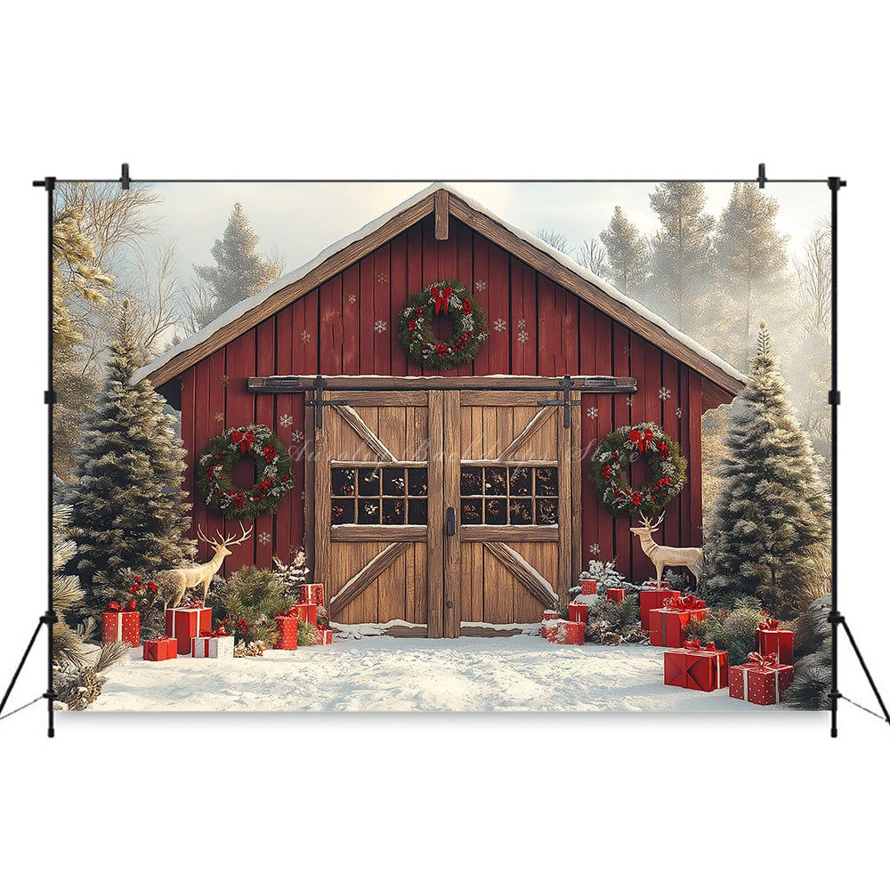 Christmas Backdrop Wooden Barn With Large Doors Kids Baby Cake Smash Photocall Decors Themed Carousel Studio Backgrounds