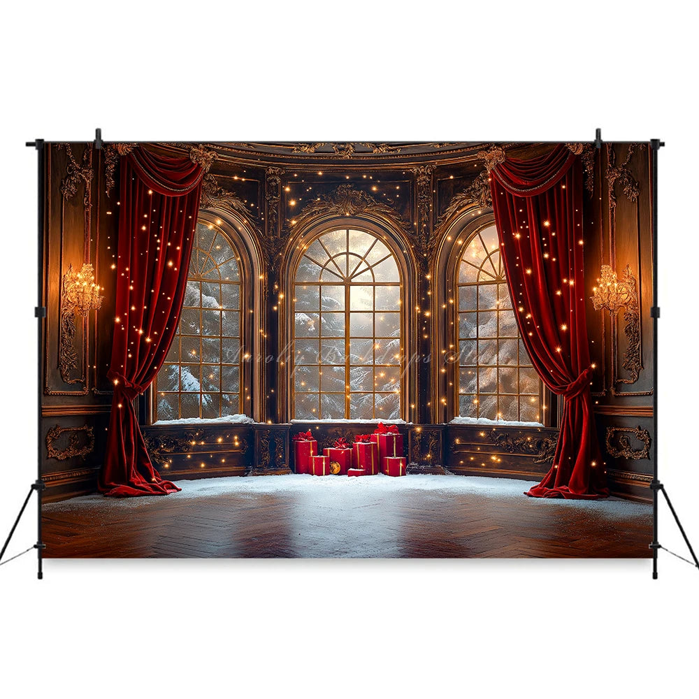 Large Window With Arched Frames and Red Curtain Photography Backdrop Baby Kids Portrait Family Party Photocall Decors