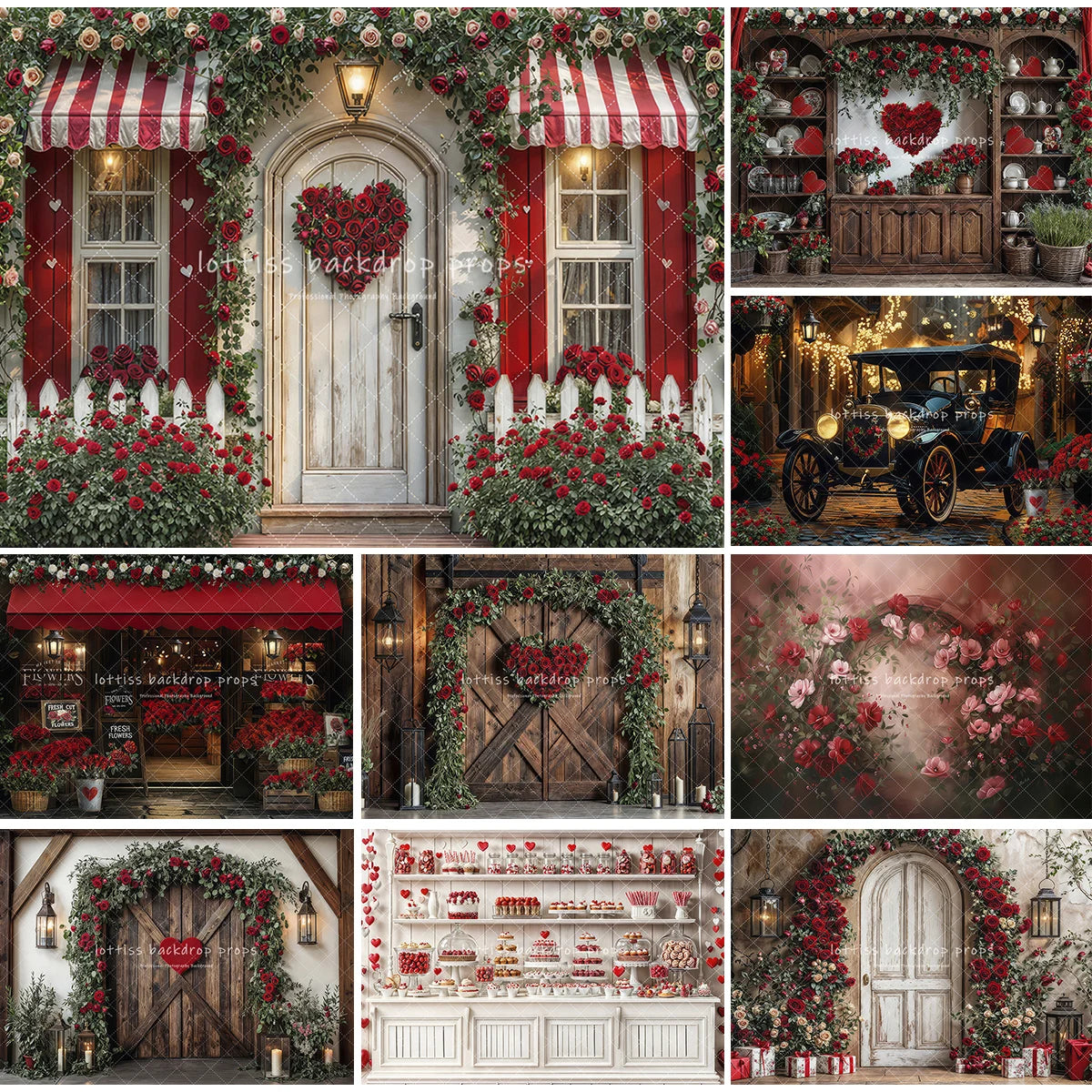 Valentine‘s Day Flower Market Barn Backdrops Kids Adult Photography Child Baby Photography Rose Cottage Door Backgrounds
