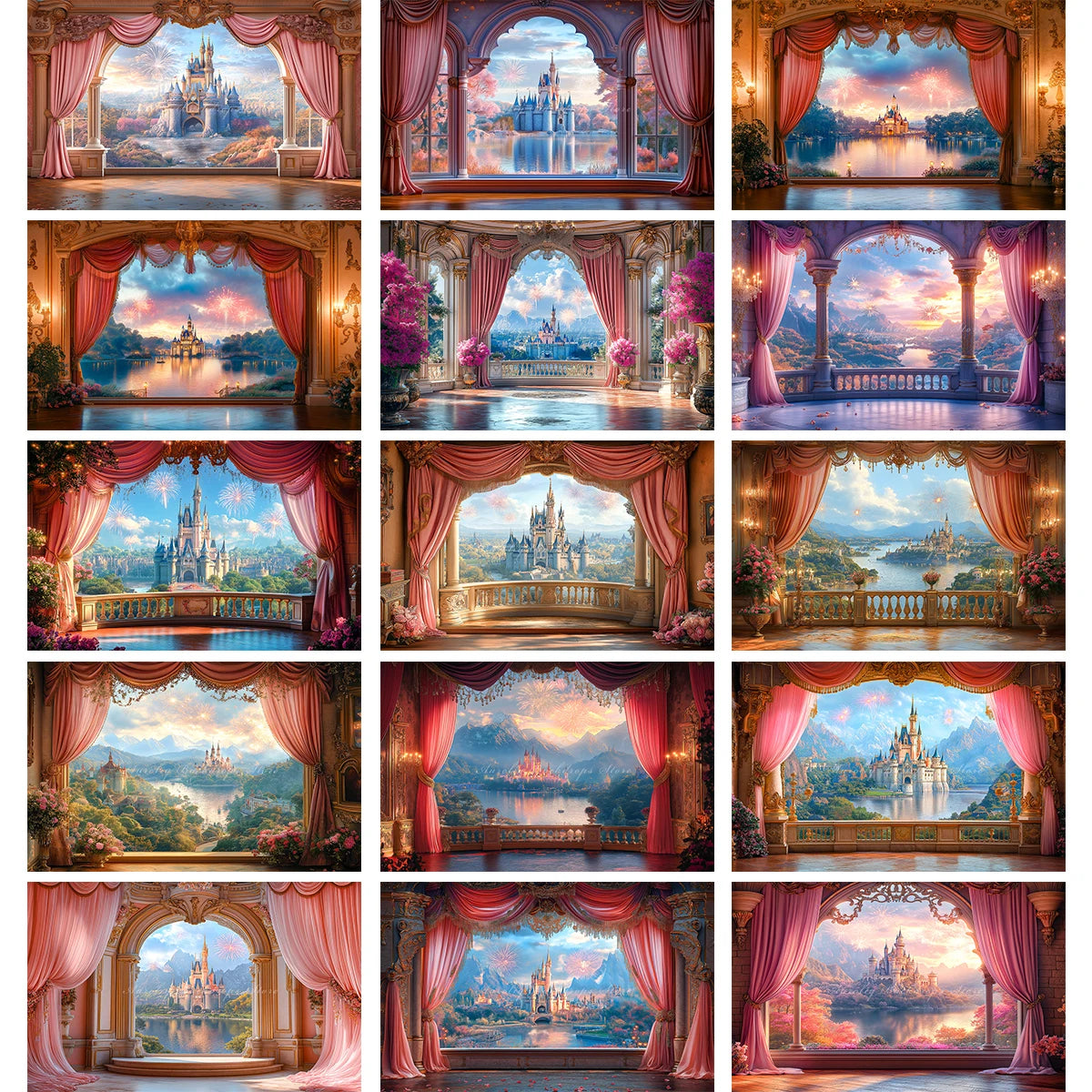 Pink Curtains with the Scene Backdrop Cartoon Princess Castle Child Girls Birthday Photo Shoot Backgrounds Kids Baby Cake Smash