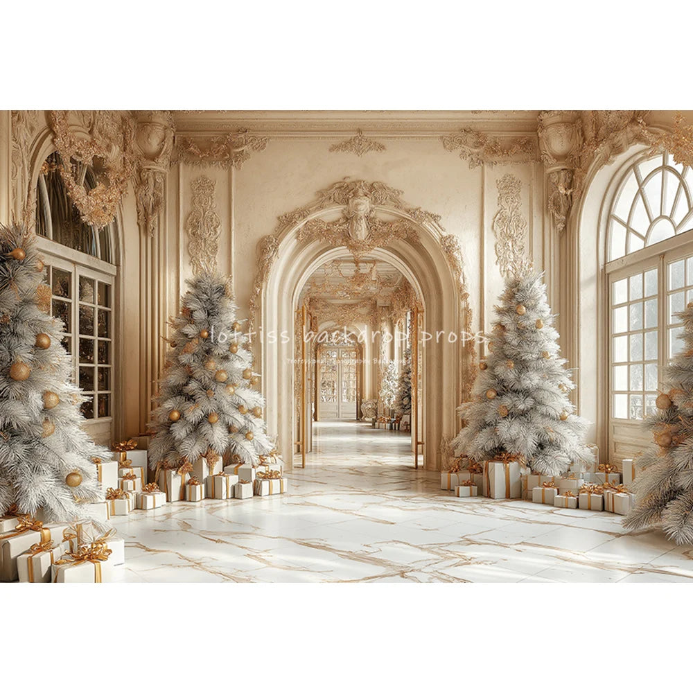 Winter Windows Arch Entrance Backdrops Kids Family Photography Child Adult Photocall  Golden Xmas Trees Castle Backgrounds