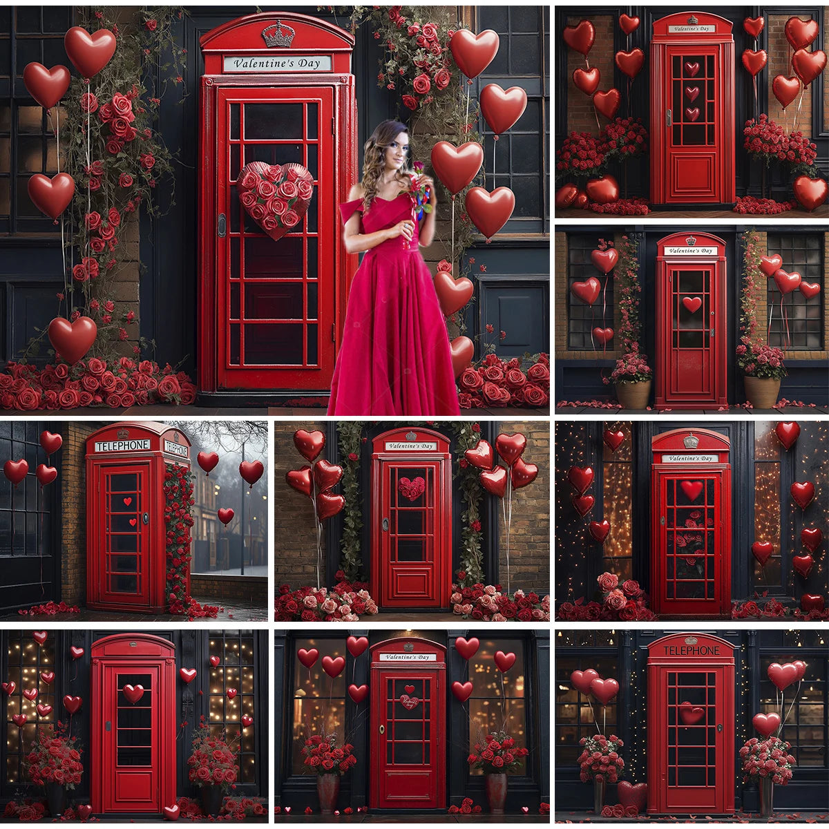 Valentine's Day Telephone Booth Backdrops Kids Lover Photography Streets Red Rose Balloons Decors Baby Valentine Backgrounds