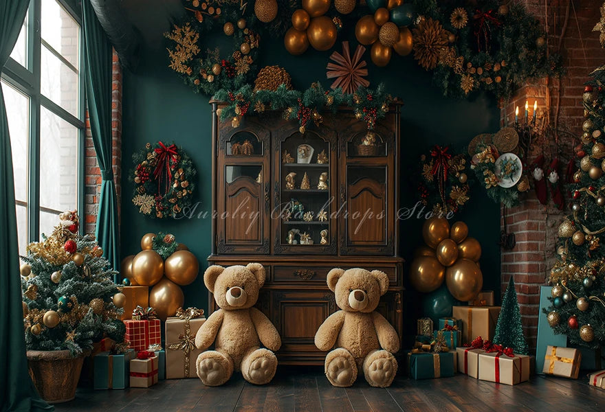 Christmas Theme Little Bear Backdrop Kids Baby Cake Smash Photography Props Fireplace Child Adult Photo Studio Backgrounds
