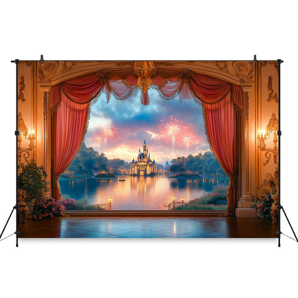 Pink Curtains with the Scene Backdrop Cartoon Princess Castle Child Girls Birthday Photo Shoot Backgrounds Kids Baby Cake Smash