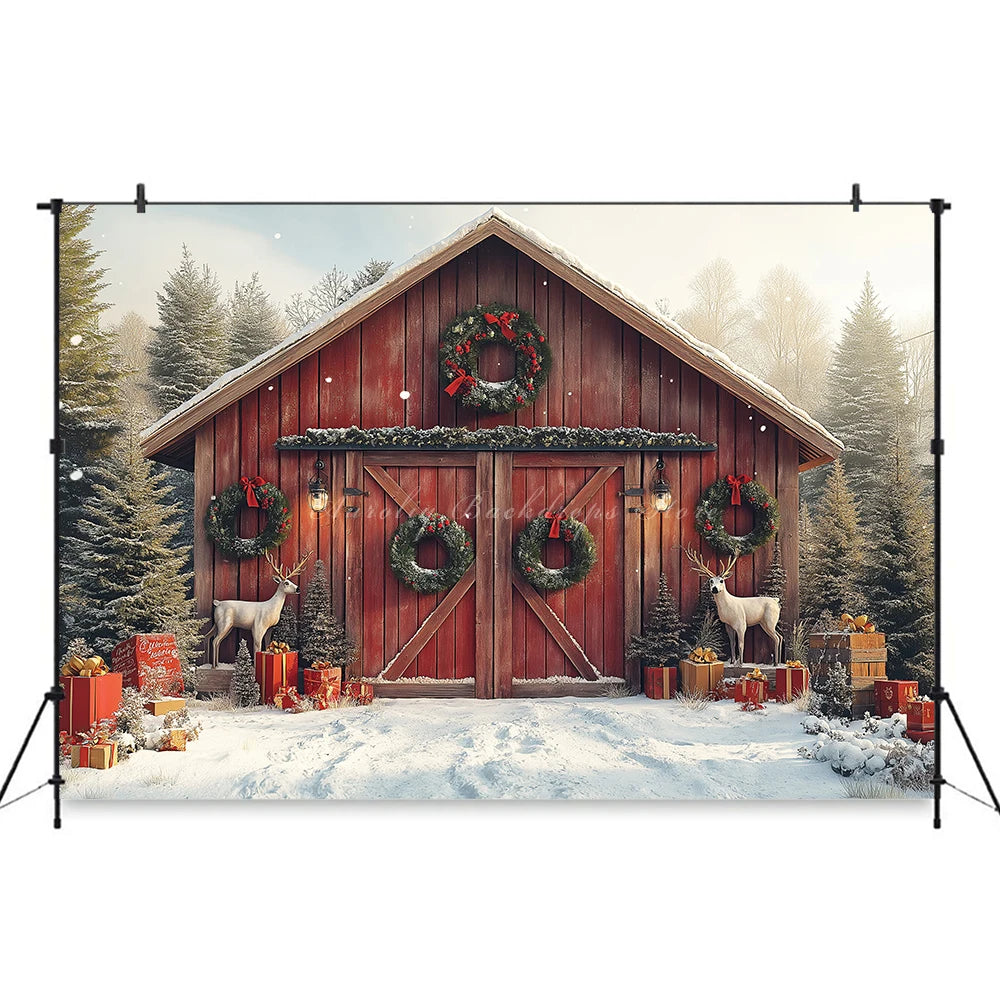 Christmas Backdrop Wooden Barn With Large Doors Kids Baby Cake Smash Photocall Decors Themed Carousel Studio Backgrounds