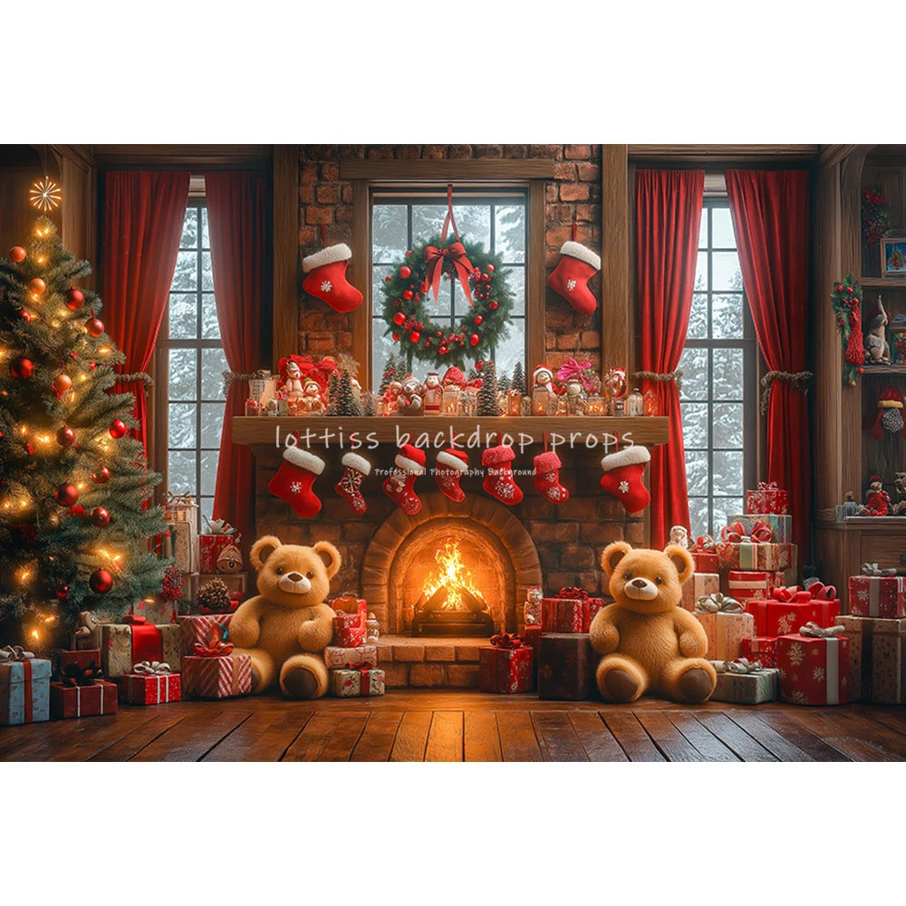 Xmas Trees Windows Backdrops Kids Adult Photography Child Baby Photocall Christmas Living Room Fireplace Backgrounds