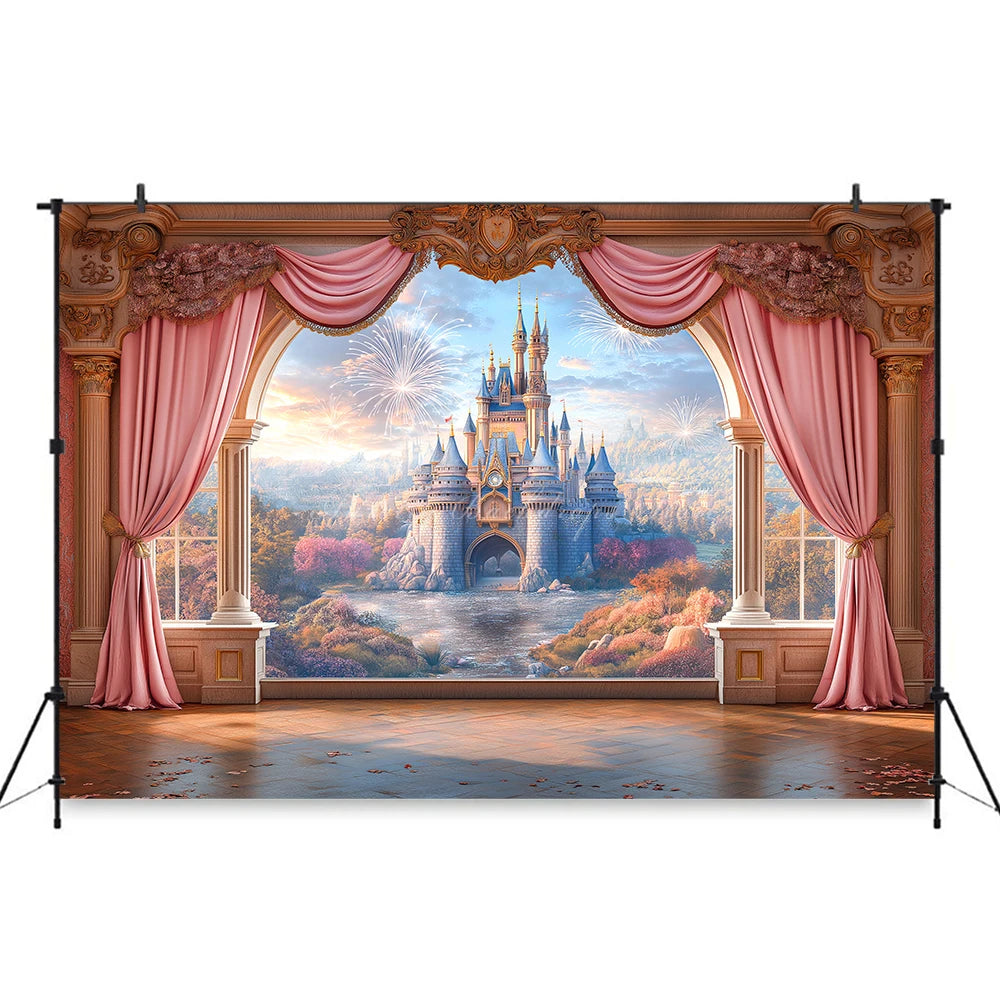 Pink Curtains with the Scene Backdrop Cartoon Princess Castle Child Girls Birthday Photo Shoot Backgrounds Kids Baby Cake Smash