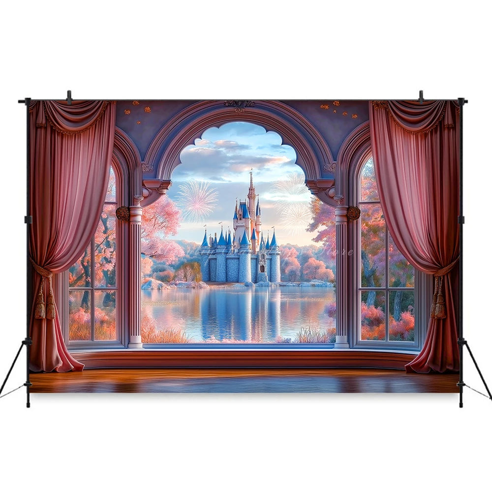 Pink Curtains with the Scene Backdrop Cartoon Princess Castle Child Girls Birthday Photo Shoot Backgrounds Kids Baby Cake Smash