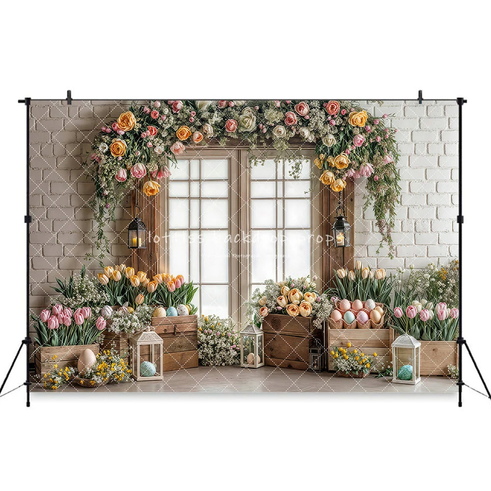 Easter Spring Barn Doors Backdrops Kids Adult Photography Wooden Barn Door Bunny Eggs Garden Entrance Floral Garden Backgrounds