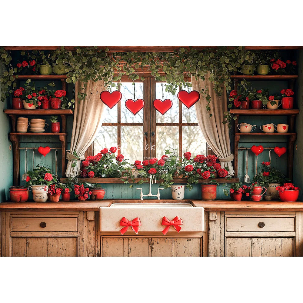 Valentine's Day Kitchen Backdrops Kids Lover Photography Child Baby Photocall Rose Windows Cooking Room Cupboard Backgrounds