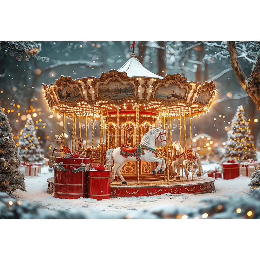 Winter Carousel Snowy Forrest Ferris Wheel Backdrops Kids Baby Photocall Christmas Trees Trains Backgrounds