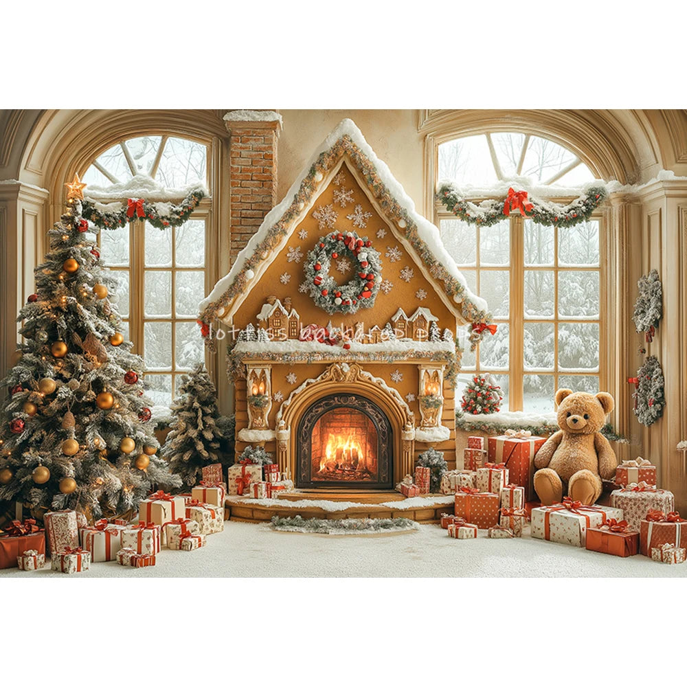 Winter Snowy Cottage Gingerbread House Backdrops Kids Baby Photography Fireplace Snowy Town Backgrounds