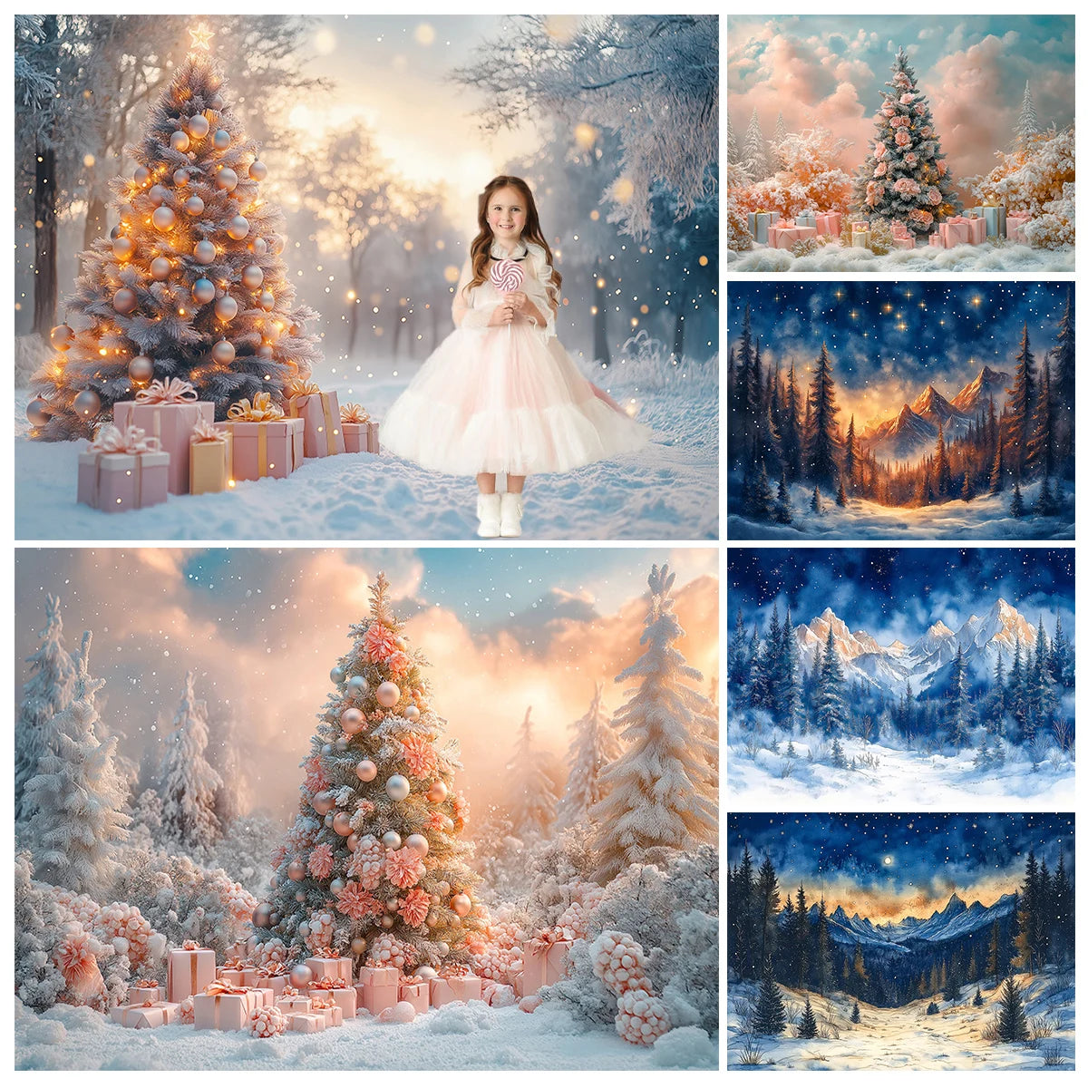 Pink Xmas Tree Backdrops Kids Adult Photography Child Baby Photocall Decors Snowy Forest Winter Wonderland Backgrounds