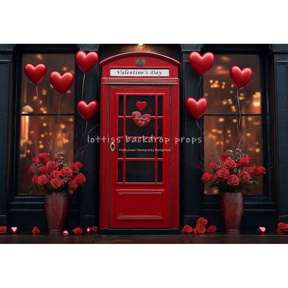 Valentine's Day Telephone Booth Backdrops Kids Lover Photography Streets Red Rose Balloons Decors Baby Valentine Backgrounds