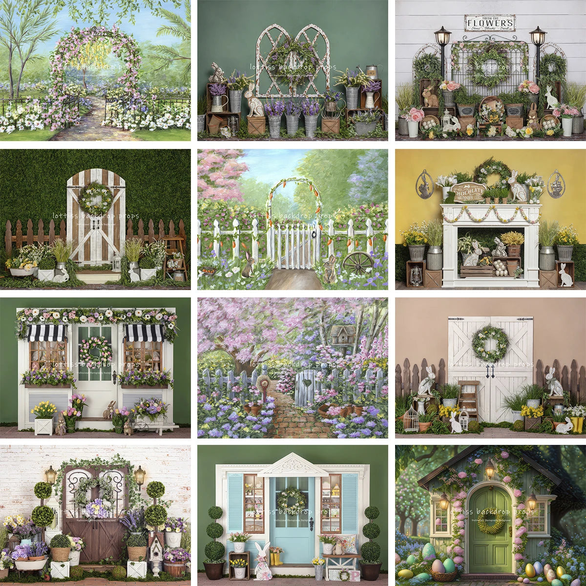 Easter Egg Cottage Garden Backdrops Kids Baby Photography Child Cake Smash Props Arch Spring Blooms Bunnies Backgrounds