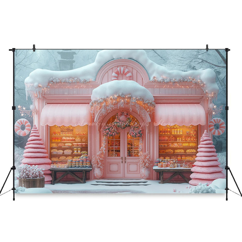 Cute Candy Store Decorated With Pastel Colors Photo Backdrop Vintage Trailer With Christmas Tree Kids Baby Cake Smash Background