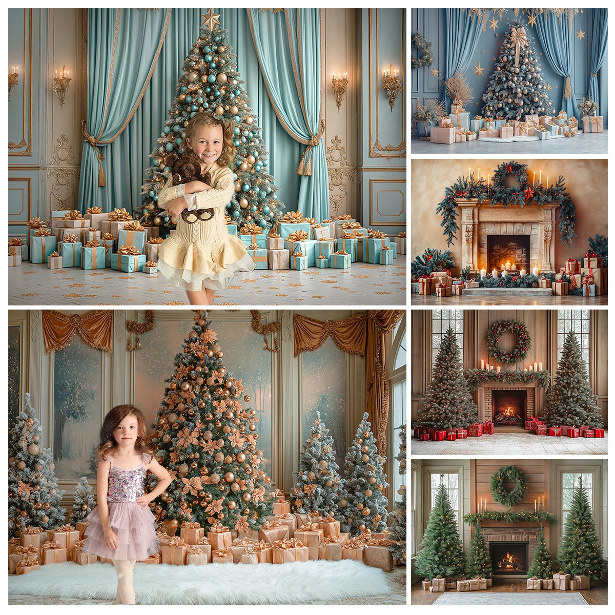 Big Christmas Tree With Blue Curtains Backdrops Kids Adult Photography Child Baby Photocall Cottage Xmas Decors Backgrounds