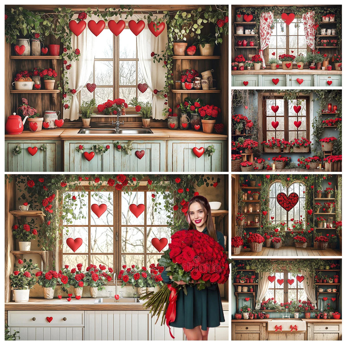Valentine's Day Kitchen Backdrops Kids Lover Photography Child Baby Photocall Rose Windows Cooking Room Cupboard Backgrounds