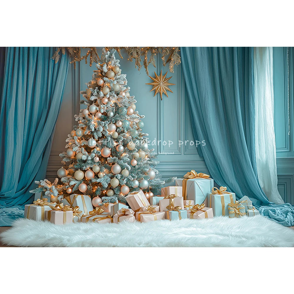 Big Christmas Tree With Blue Curtains Backdrops Kids Adult Photography Child Baby Photocall Cottage Xmas Decors Backgrounds