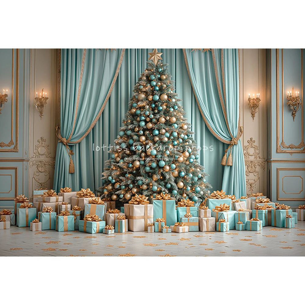 Big Christmas Tree With Blue Curtains Backdrops Kids Adult Photography Child Baby Photocall Cottage Xmas Decors Backgrounds