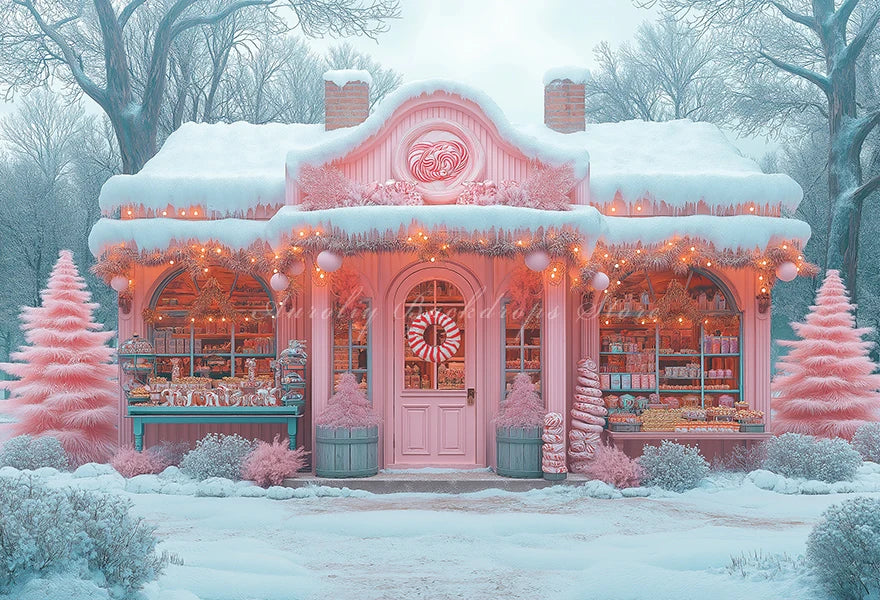 Cute Candy Store Decorated With Pastel Colors Photo Backdrop Vintage Trailer With Christmas Tree Kids Baby Cake Smash Background
