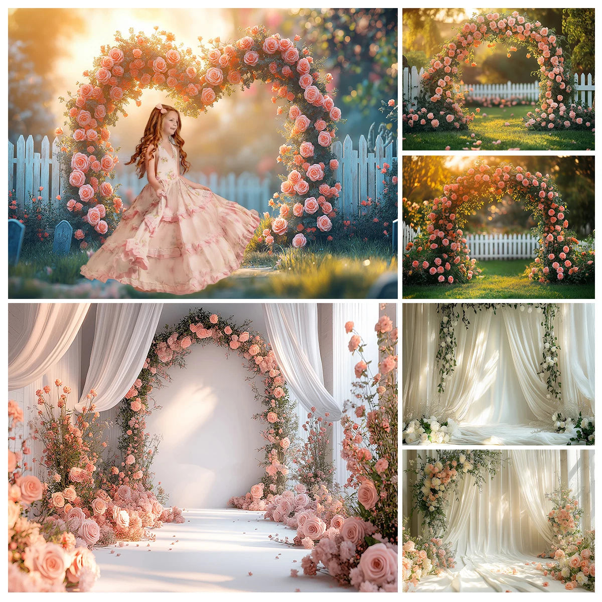 Valentine Floral Arch Entrance Backdrops Kids Baby Photocall Decors Spring Garden Rose Heart Decors Backgrounds