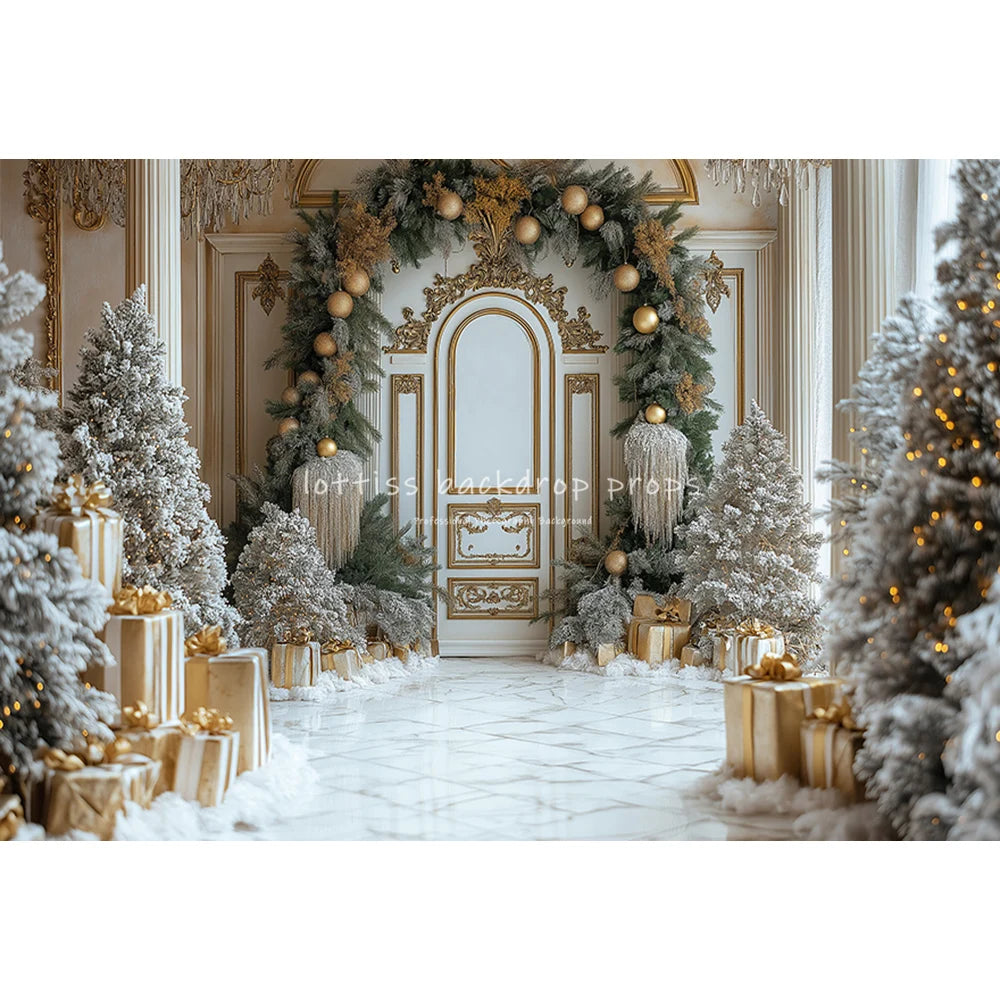 Winter Windows Arch Entrance Backdrops Kids Family Photography Child Adult Photocall  Golden Xmas Trees Castle Backgrounds